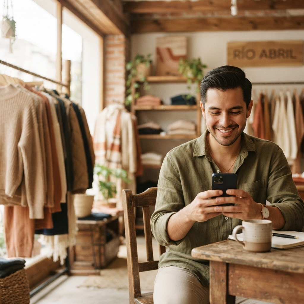 Dueño de una boutique de ropa revisa pedidos en su celular